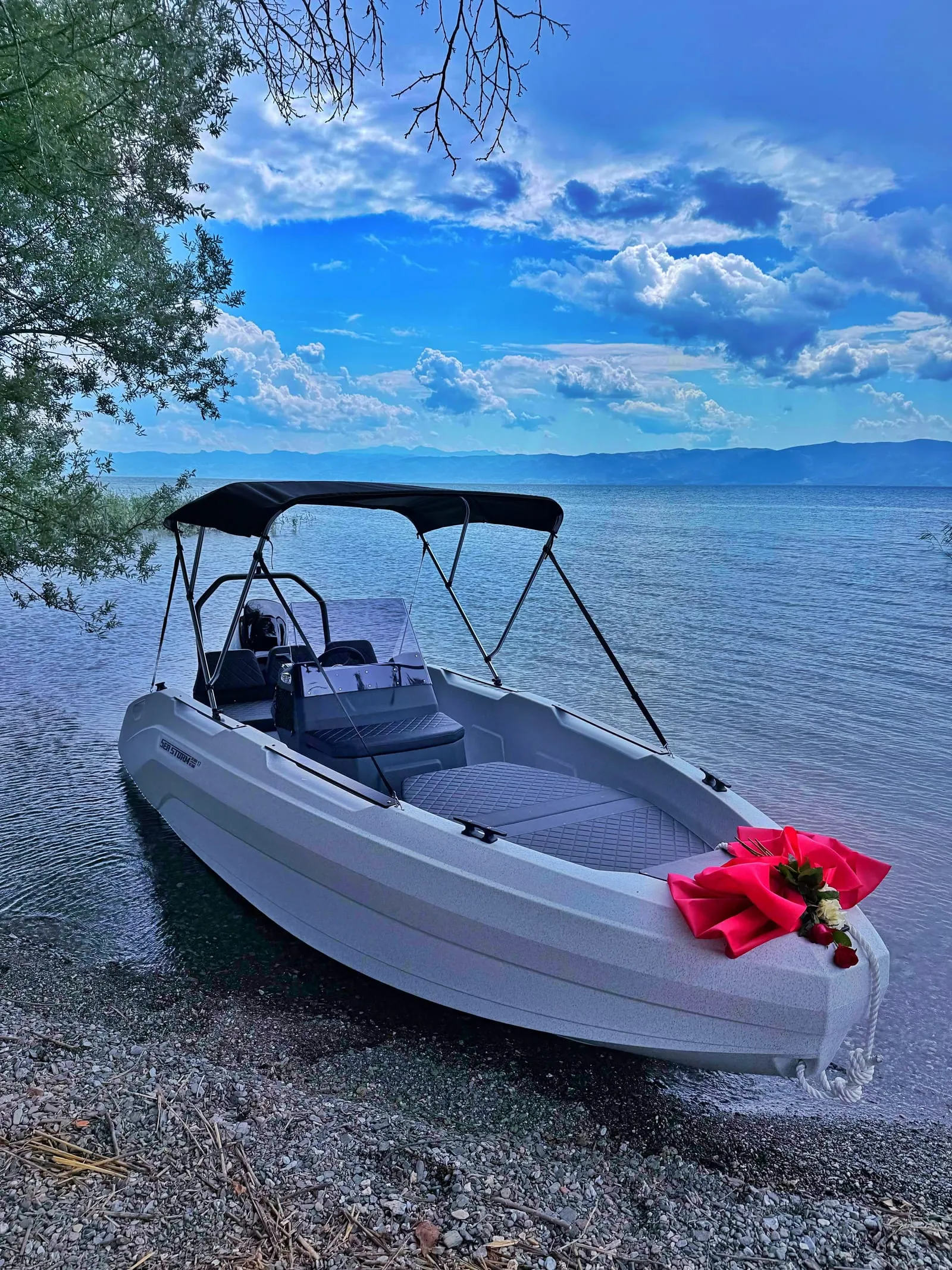 SeaStorm 17 mit Bimini-Verdeck an einem Kiesstrand